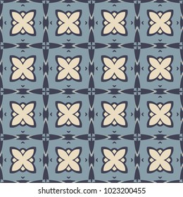 Seamless illustrated pattern made of abstract elements in beige and two shades of blue