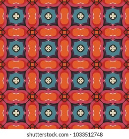 Seamless illustrated pattern made of abstract geometric elements in beige, turquoise, orange, pink, purple and black