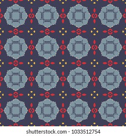 Seamless illustrated pattern made of abstract geometric elements in beige, red, yellow, blue and black