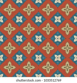 Seamless illustrated pattern made of abstract geometric floral elements in beige, turquoise, gray, red and brown