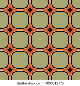 Seamless illustrated pattern made of abstract geometric elements in beige, orange, green and black
