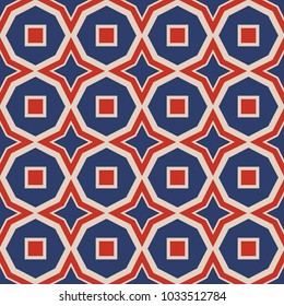 Seamless illustrated pattern made of abstract geometric elements in beige, red and blue