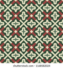 Seamless illustrated pattern made of abstract elements in beige, red and green