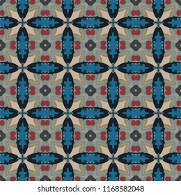 Seamless illustrated pattern made of abstract elements in beige, red, gray, brown, black and blue
