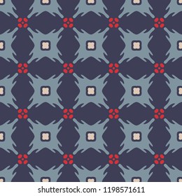 Seamless illustrated pattern made of abstract elements in beige, red and blue