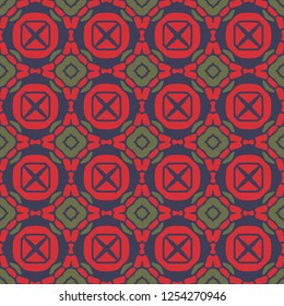 Seamless illustrated pattern made of abstract elements in green, red and blue