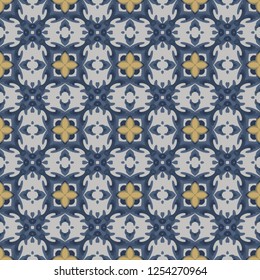 Seamless illustrated pattern made of abstract elements in white, yellow and blue