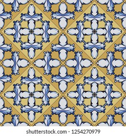 Seamless illustrated pattern made of abstract elements in white, yellow, brown, black and blue
