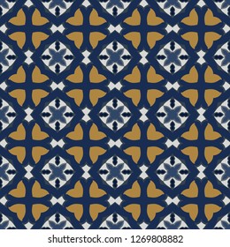 Seamless illustrated pattern made of abstract elements in white, orange and blue