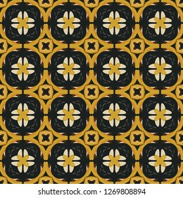 Seamless illustrated pattern made of abstract elements in beige, brown, yellow and black