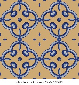 Seamless illustrated pattern made of abstract elements in white, yellow and blue