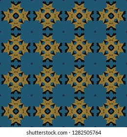 Seamless illustrated pattern made of abstract elements in blue, shades of brown and black
