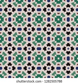 Seamless illustrated pattern made of abstract elements in beige, blue, green, black and brown