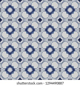 Seamless illustrated pattern made of abstract elements in light gray and shades of blue
