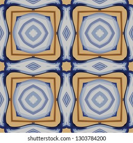 Seamless illustrated pattern made of abstract elements in white, yellow and blue