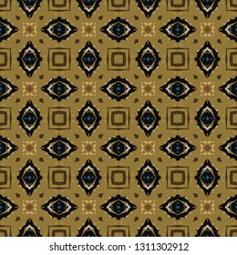 Seamless illustrated pattern made of abstract elements in blue, beige, yellow, shades of brown and black
