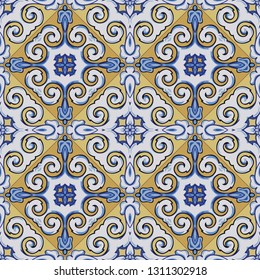 Seamless illustrated pattern made of abstract elements in white, yellow, brown, black and blue