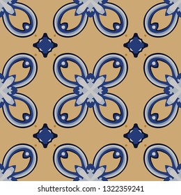 Seamless illustrated pattern made of abstract elements in white, yellow, black and blue