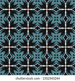 Seamless illustrated pattern made of abstract elements in white and shades of blue