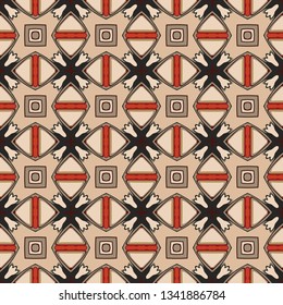 Seamless illustrated pattern made of abstract elements in beige, red, gray, brown and black