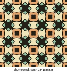 Seamless illustrated pattern made of abstract elements in beige, green, orange and black