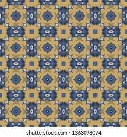 Seamless illustrated pattern made of abstract elements in white, yellow and blue