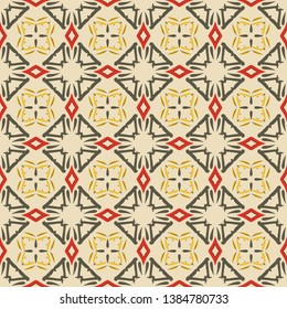 Seamless illustrated pattern made of abstract elements in beige, gray, yellow and red