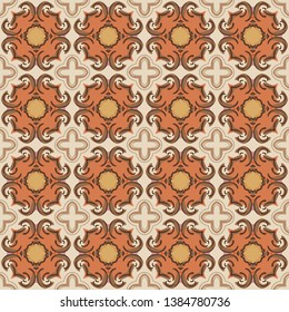Seamless illustrated pattern made of abstract elements beige, orange, yellow, pink and brown