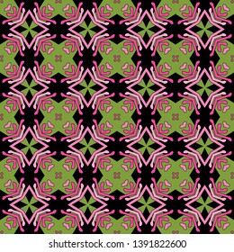 Seamless illustrated pattern made of abstract elements in pink, black and green