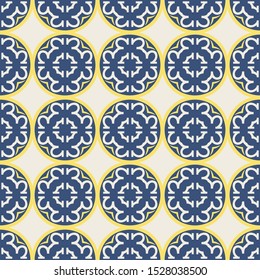 Seamless illustrated pattern made of abstract elements in beige, yellow and blue