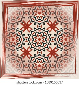 Seamless illustrated pattern made of abstract elements in white, red and black.