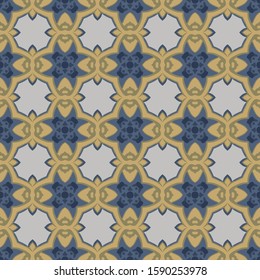 Seamless illustrated pattern made of abstract elements in beige, yellow and shades of blue