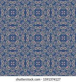 Seamless illustrated pattern made of abstract elements in blue and pink.