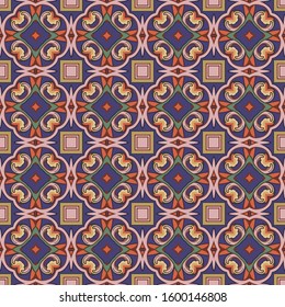 Seamless illustrated pattern made of abstract elements in pink, yellow, brown, red, green, blue and black