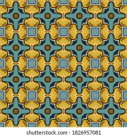 Seamless illustrated pattern made of abstract elements in beige,blue, yellow and brown