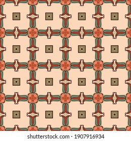 Seamless illustrated pattern made of abstract elements in beige, gray, blue, brown, green and red
