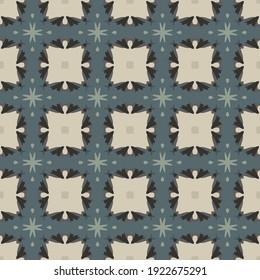 Seamless illustrated pattern made of abstract elements in beige, blue and gray