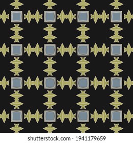 Seamless illustrated pattern made of abstract elements in light gray, green, black and blue