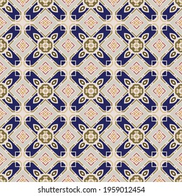 Seamless illustrated pattern made of abstract elements in beige, brown, blue,gray and pink