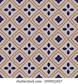 Seamless illustrated pattern made of abstract elements in light gray, blue and shades of brown