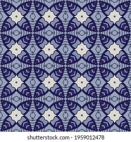 Seamless illustrated pattern made of abstract elements in white and shades of blue