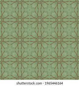 Seamless illustrated pattern made of abstract elements in brown and shades of green