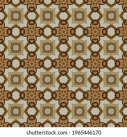 Seamless illustrated pattern made of abstract elements in beige, green and shades of brown