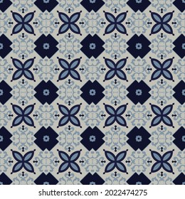 Seamless illustrated pattern made of abstract elements in ligt gray and shades of blue