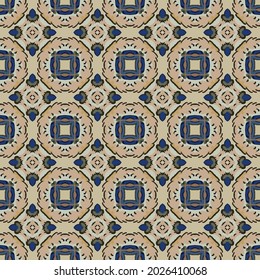 Seamless illustrated pattern made of abstract elements in beige, pink, blue, brown, green and black