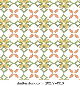 Seamless illustrated pattern made of abstract elements in green, yellow, orange, Portuguese azulejo tiles. gorgeous seamless patterns.