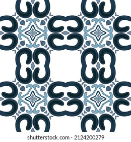 Seamless illustrated pattern made of abstract elements in white and shades of blue