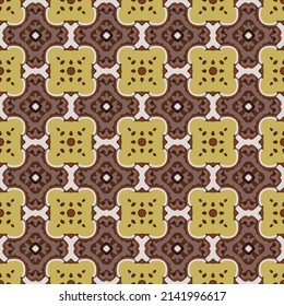 Seamless illustrated pattern made of abstract elements in white, yellow and shades of brown