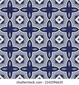 Seamless illustrated pattern made of abstract elements in white and shades of blue