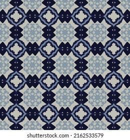 Seamless illustrated pattern made of abstract elements in ligt gray and shades of blue